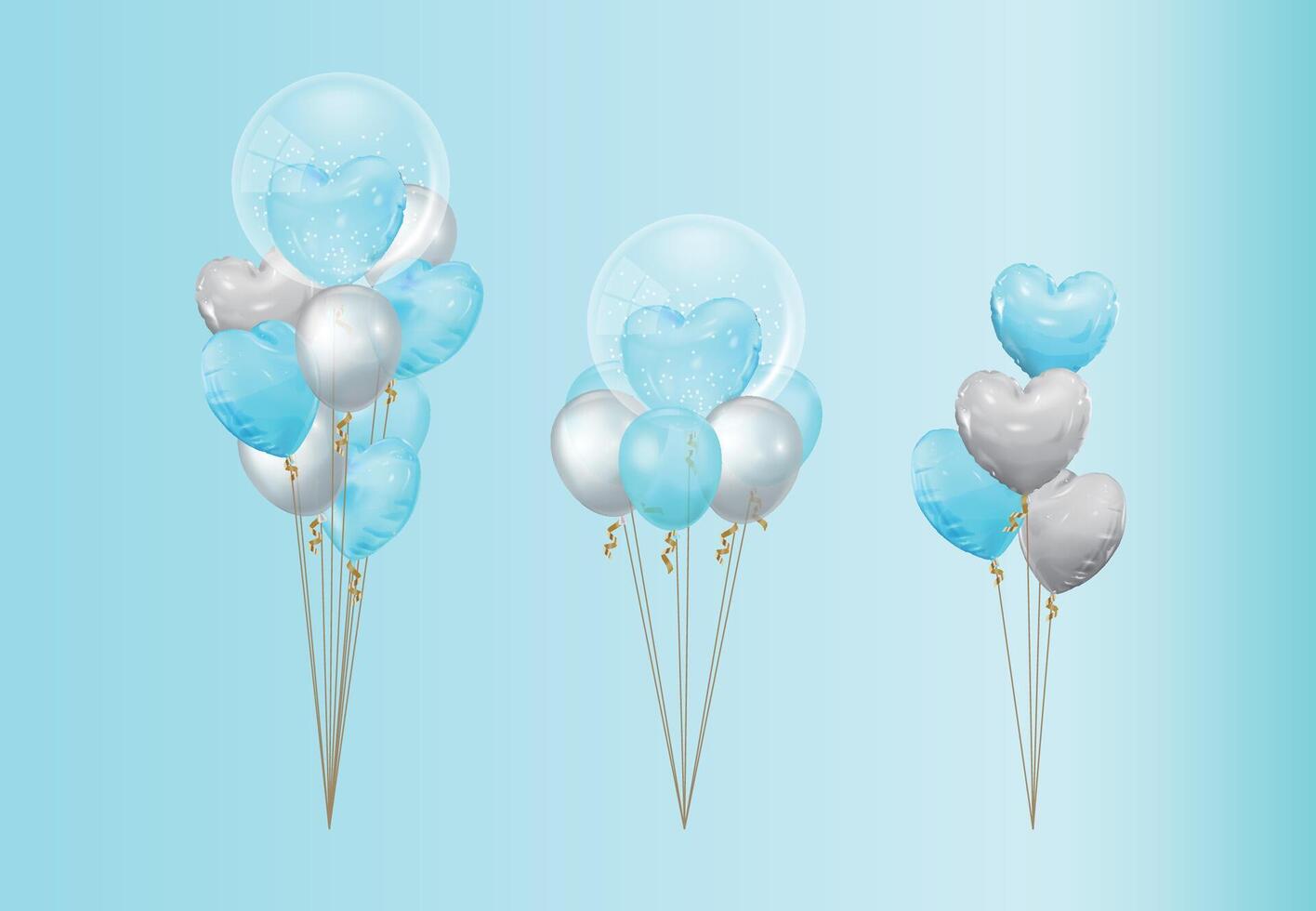 conjunto do balão cordas, em forma de coração e volta balões, azul e branco, adequado para festas, eventos, aniversários vetor