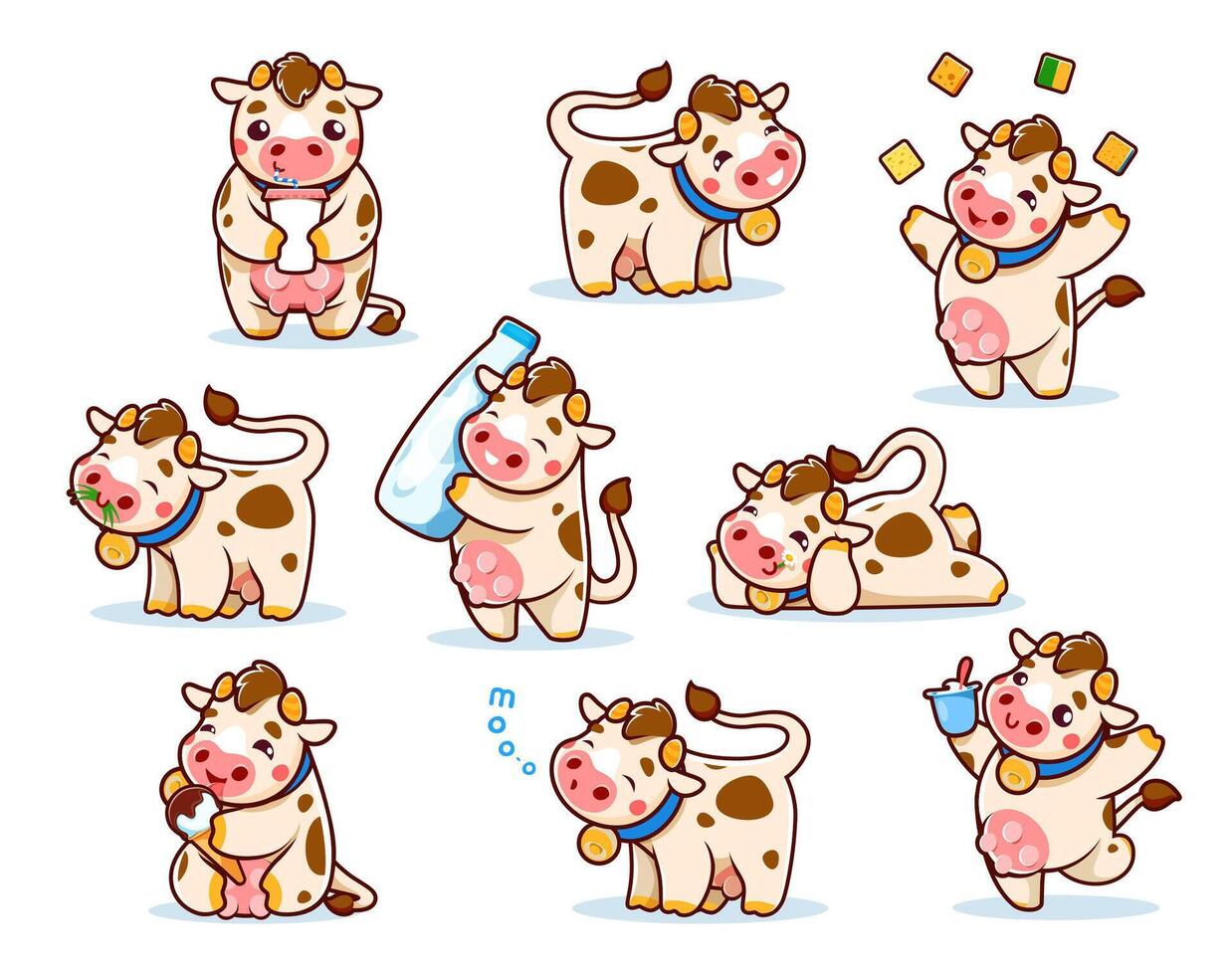 desenho animado fofa vaca animais personagens com leite vetor