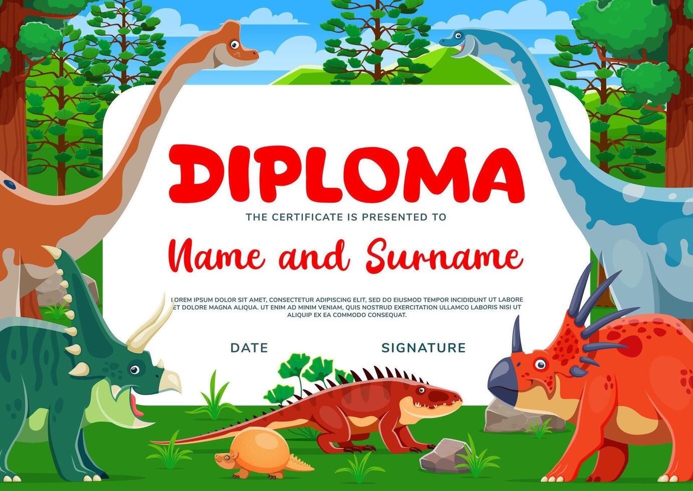 crianças diploma certificado com engraçado dinossauros vetor