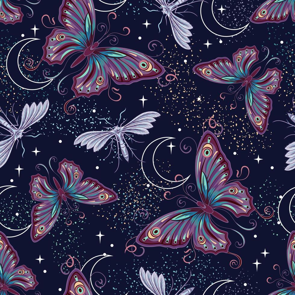 misterioso desatado padronizar com fantasia colori borboleta, mariposas, crescente lua, estrelas, Estrela pó. arte nouveau estilo. vintage estilo. vetor