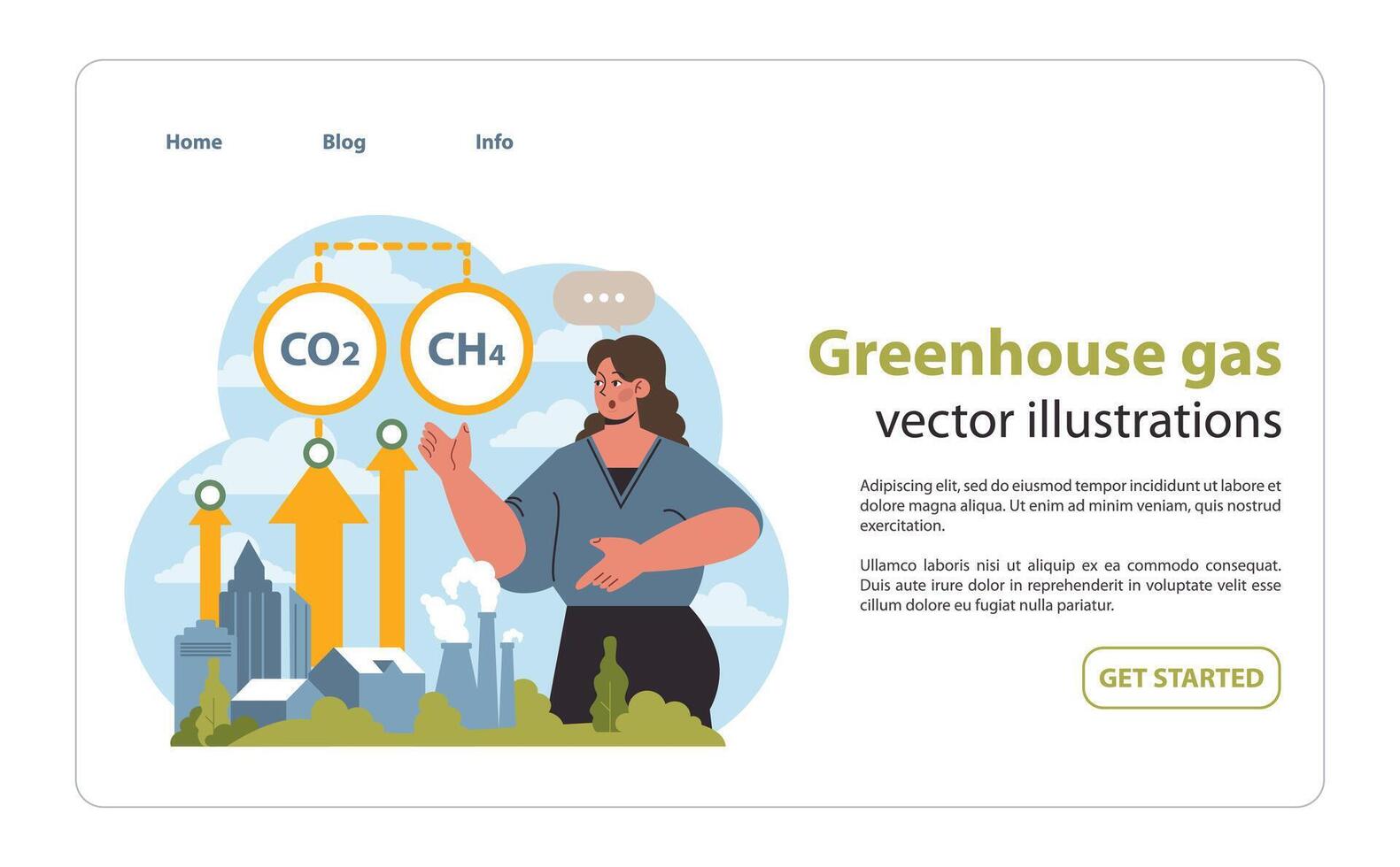 mulher exibindo estufa gás emissões com co2 e 4 corr. vetor