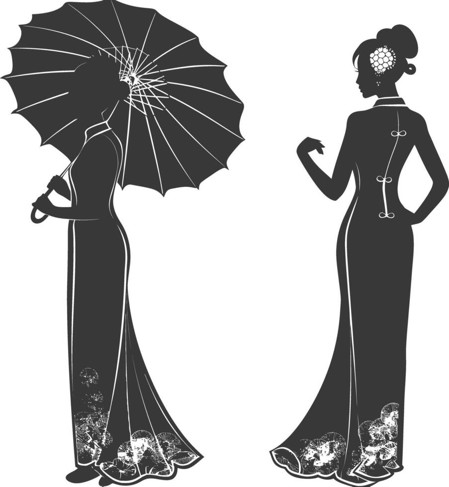 silhueta independente chinês mulheres vestindo cheongsam ou zansae Preto cor só vetor
