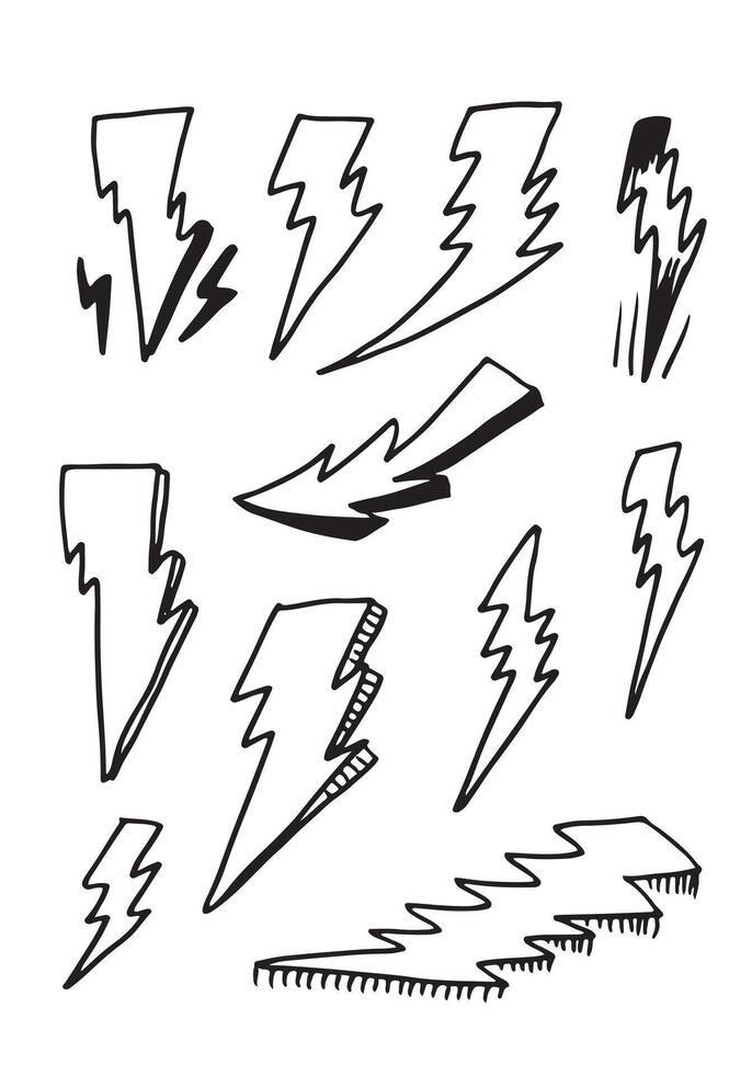 conjunto do mão desenhado rabisco elétrico relâmpago parafuso símbolo esboço ilustrações. trovão símbolo rabisco ícone. vetor