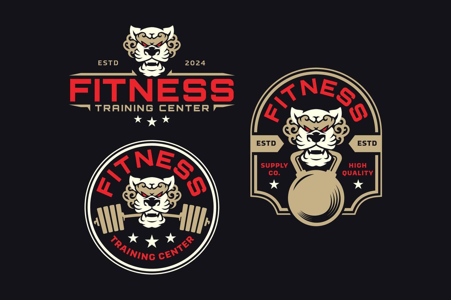 tigre com barra e kettlebell logotipo Projeto para fitness, academia, musculação, levantamento de peso clube vetor