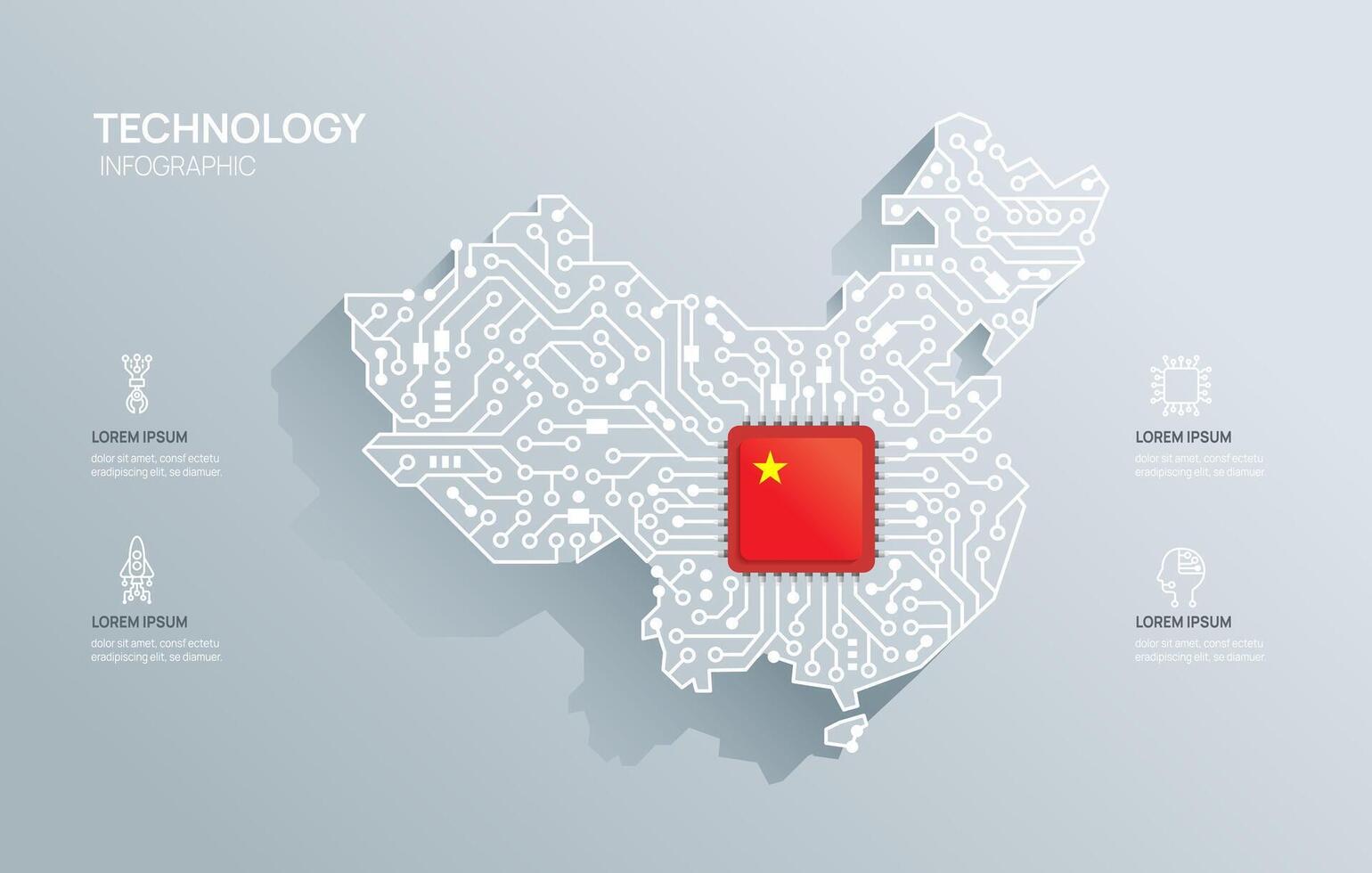 o circuito lasca borda semicondutor tecnologia infográfico. infografia o circuito borda China mapa forma conceito fundo. ilustração. vetor