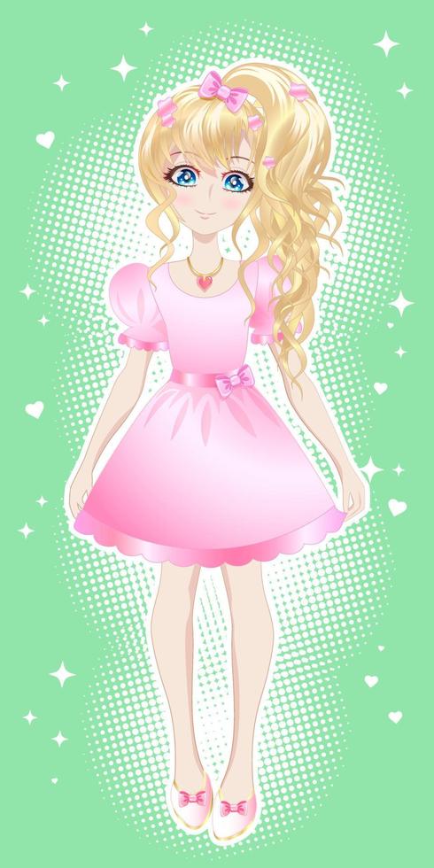 menina loira, em um vestido rosa no estilo de anime, mangá. vetor