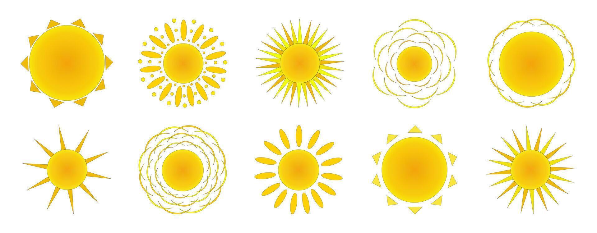 Sol com diferente variantes do raios, definir. horário de verão. cor desenhando vetor