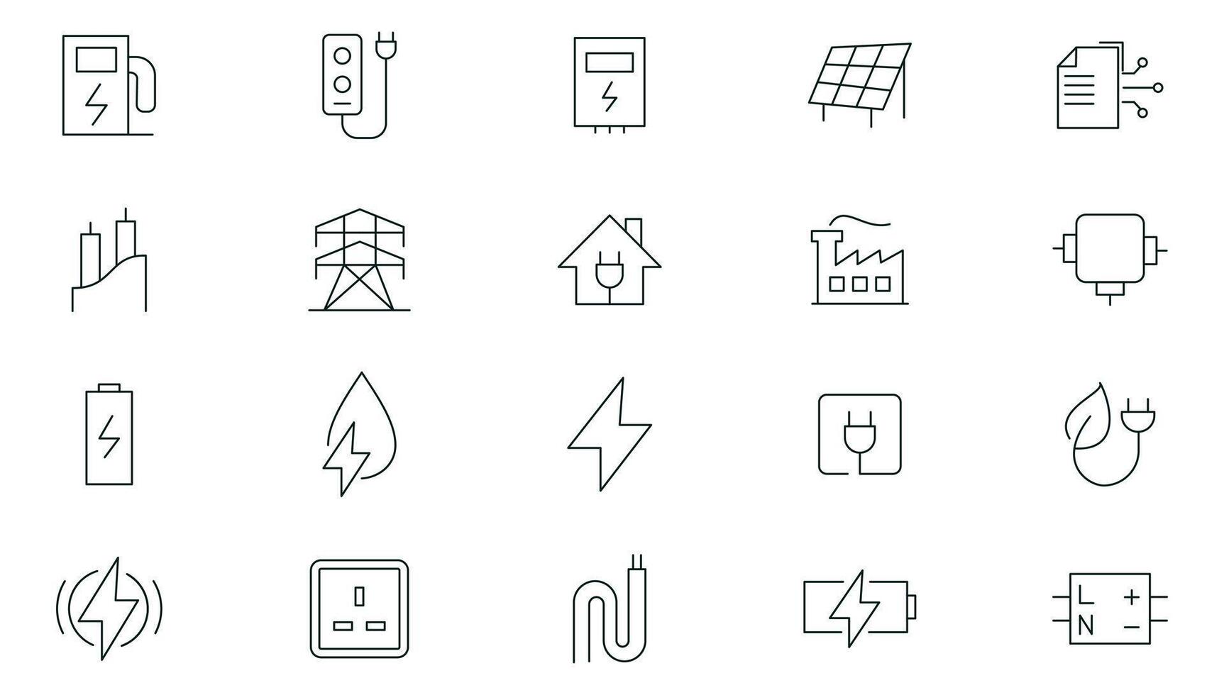 eletricidade, elétrico energia linha ícones definir. eletricidade, elétrico poder linha, luz, luz lâmpada e elétrico equipamento esboço ícone coleção. fino esboço ícones pacote vetor