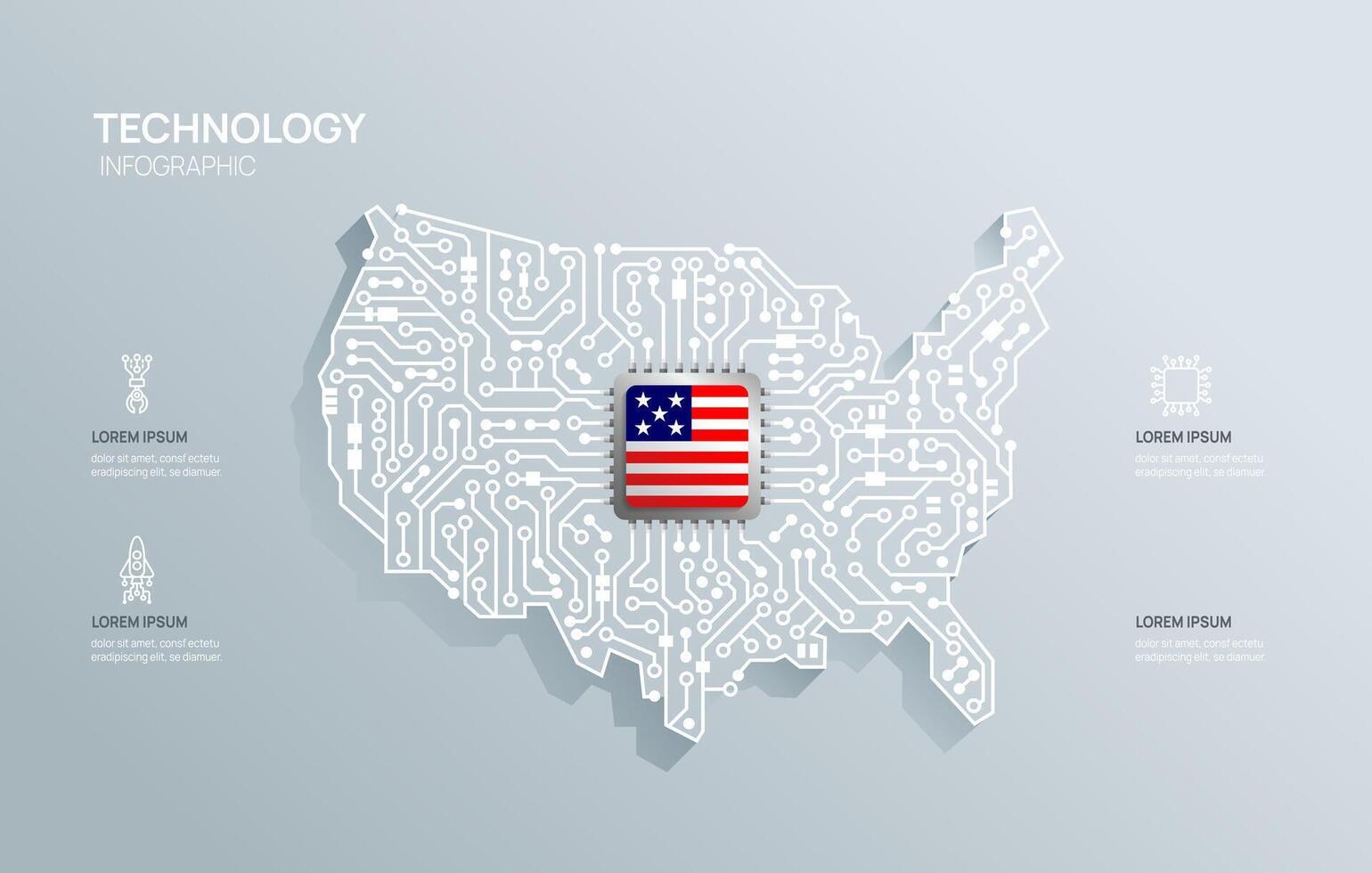 o circuito lasca borda semicondutor tecnologia infográfico. infografia o circuito borda EUA mapa forma conceito fundo. ilustração. vetor