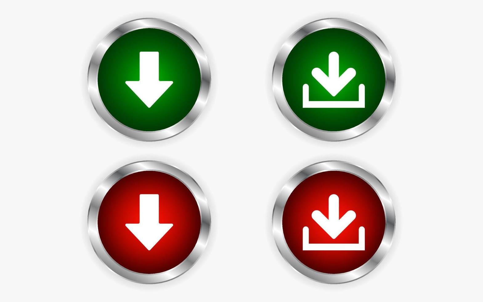 baixar vetor de ícone de botão. realista vermelho e verde com seta e moldura de anel de prata em fundo isolado.