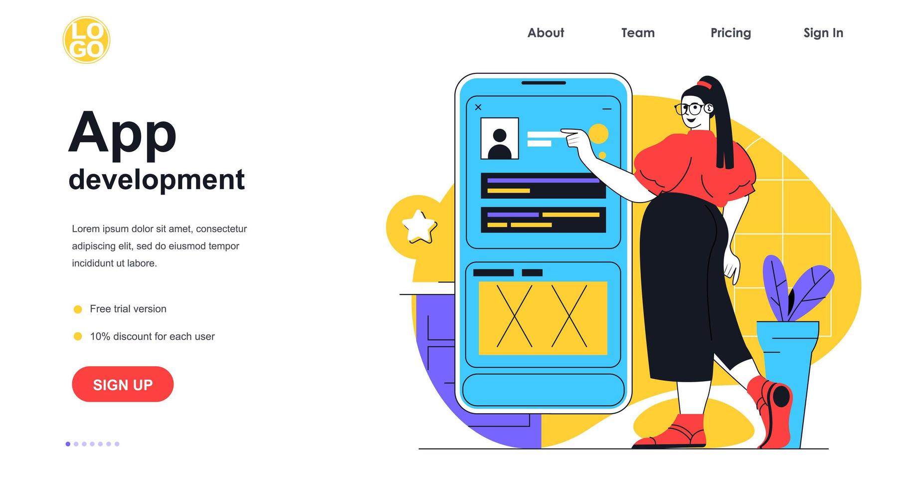 conceito de banner da web de desenvolvimento de aplicativos. mulher desenvolvedora cria e otimiza interface de aplicativo de smartphone, modelo de página de destino de programação. ilustração vetorial com cena de pessoas em design plano vetor