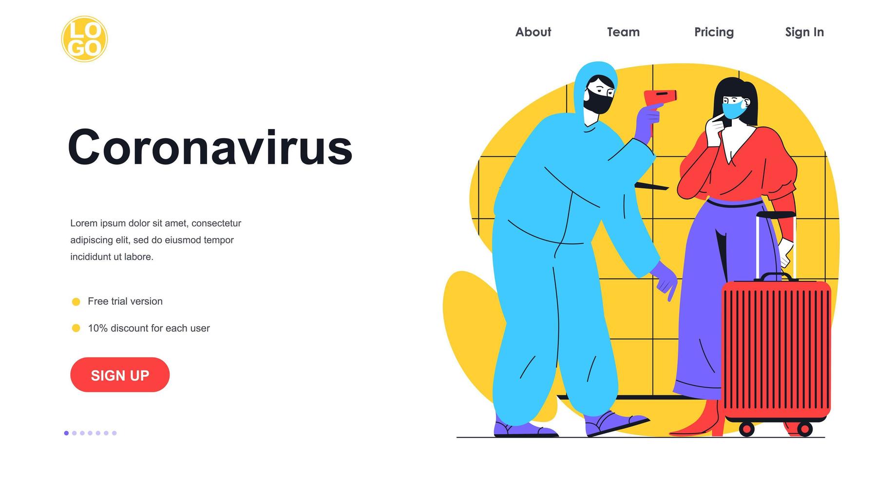 Pare o conceito de banner da web de coronavirus. médico mede a temperatura da mulher com termômetro infravermelho. modelo de página de destino de combate a infecção viral. ilustração vetorial com cena de pessoas em design plano vetor