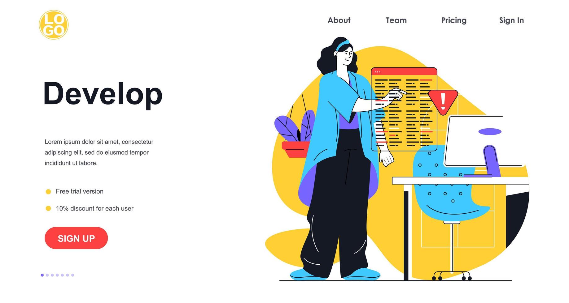 desenvolver o conceito de banner da web de software. mulher programadora, programando e codificando o site ou aplicativo, trabalhando no computador, modelo de página de destino. ilustração vetorial com cena de pessoas em design plano vetor