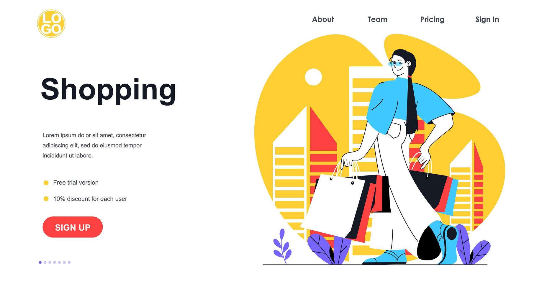 conceito de banner da web de compras. mulher faz compras à venda e com sacolas, compra na loja, mercado ou shopping, modelo de página de destino de consumismo. ilustração vetorial com cena de pessoas em design plano vetor