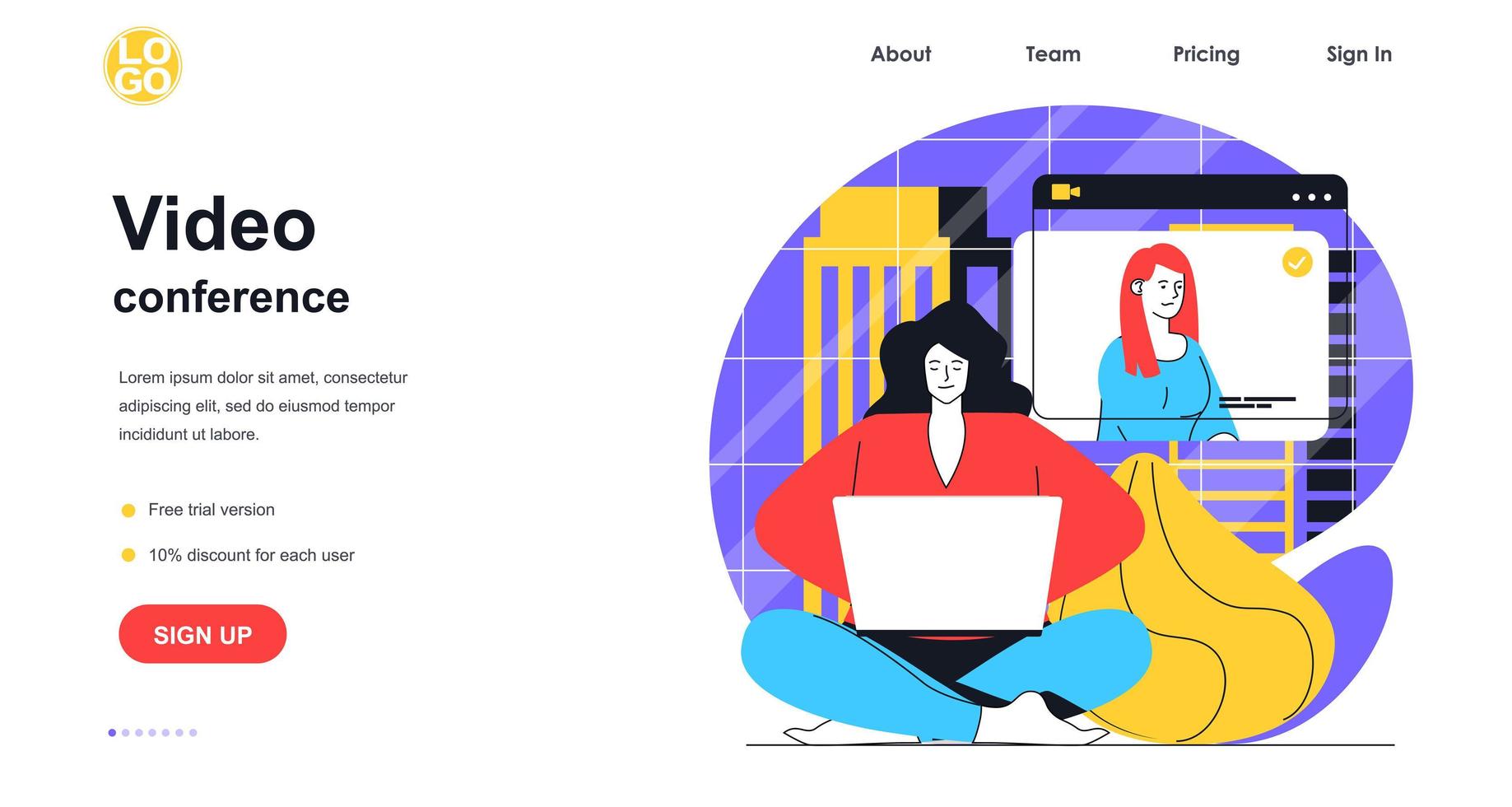 conceito de banner da web de videoconferência. mulher faz videochamada usando laptop. modelo de página de destino de comunicação online com amigos e colegas. ilustração vetorial com cena de pessoas em design plano vetor