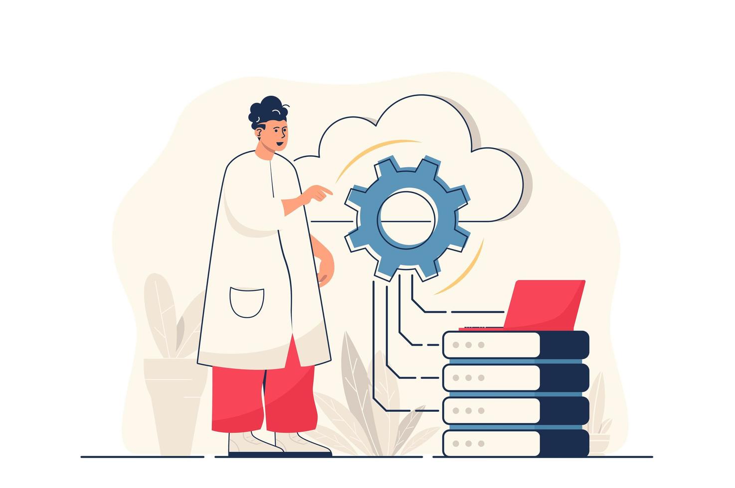 conceito de computação em nuvem para banner da web. homem processa informações usando tecnologia de nuvem, armazenamento de dados e backup de cena de pessoa moderna. ilustração vetorial no design plano dos desenhos animados com personagens de pessoas vetor