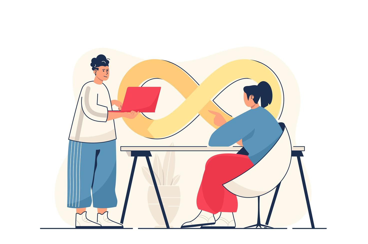 conceito de devops para banner da web. equipe colabora no projeto, programação e gestão, comunicação do trabalho em equipe, cena da pessoa moderna. ilustração vetorial no design plano dos desenhos animados com personagens de pessoas vetor