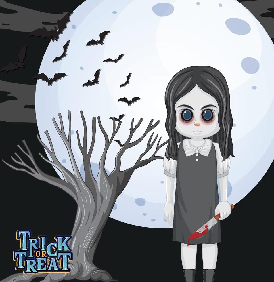 garota fantasma segurando uma faca no fundo da lua cheia vetor