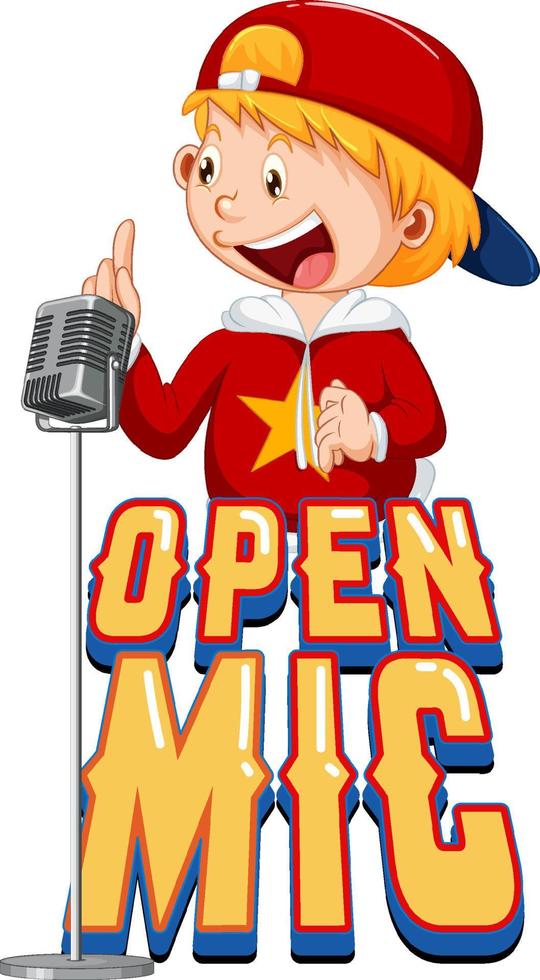 design de logotipo de microfone aberto com o personagem de desenho animado do cantor vetor