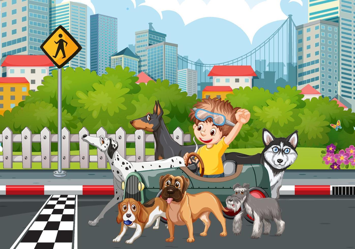 cena de rua com um menino andando de carro com muitos cachorros vetor