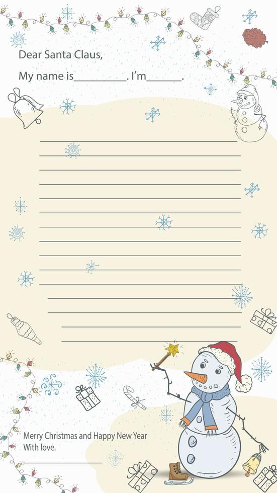 um exemplo de layout de carta de Natal e ano novo pronto para o papai noel com uma linha para o texto: um boneco de neve com um chapéu vermelho acenando com uma varinha mágica entre os flocos de neve vetor