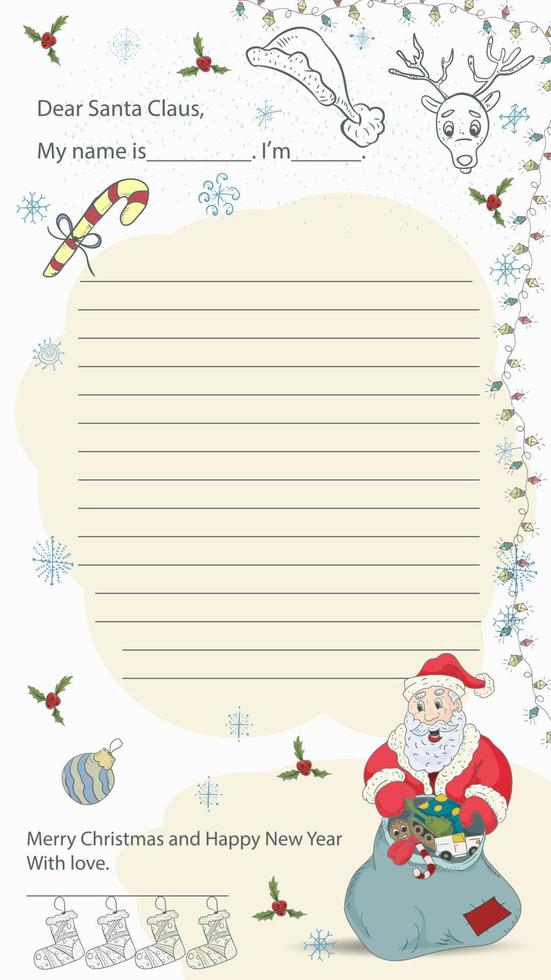 layout de carta de amostra de natal e ano novo pronto para o papai noel com uma linha para o texto papai noel segura uma sacola aberta com presentes vetor