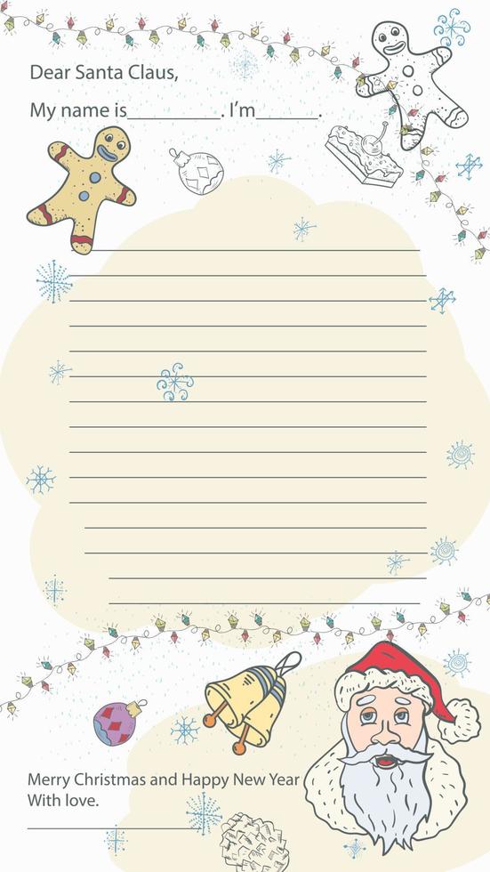 layout de carta de amostra de Natal e ano novo pronto para o papai noel com uma linha para o retrato de texto do papai noel entre bonecos de gengibre e flocos de neve vetor