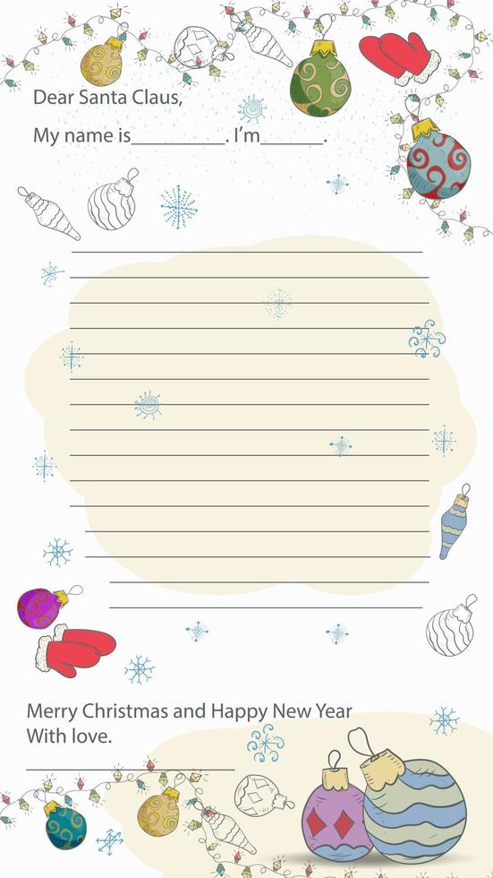 layout de carta de amostra de natal e ano novo pronto para o papai noel com uma linha para o texto brinquedos de natal entre guirlandas e flocos de neve vetor