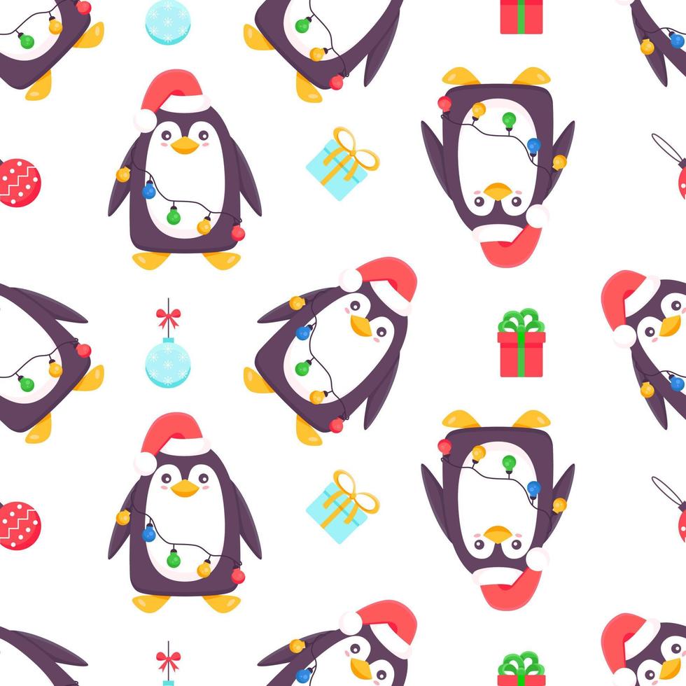 padrão sem emenda de pinguins. pinguim dos desenhos animados em um chapéu, lenço e guirlandas. ilustração em vetor inverno bonito fundo azul. Feliz Natal e feliz ano novo sem costura padrão com pinguins em vetor