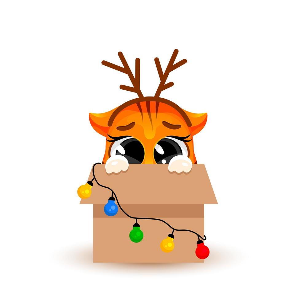 um filhote de tigre bonito dos desenhos animados fica em uma grande caixa com guirlandas. conceito de Natal, ano novo chinês, um símbolo de 2022. adesivo da moda. cartão de Natal. ilustração vetorial isolada no fundo branco. vetor