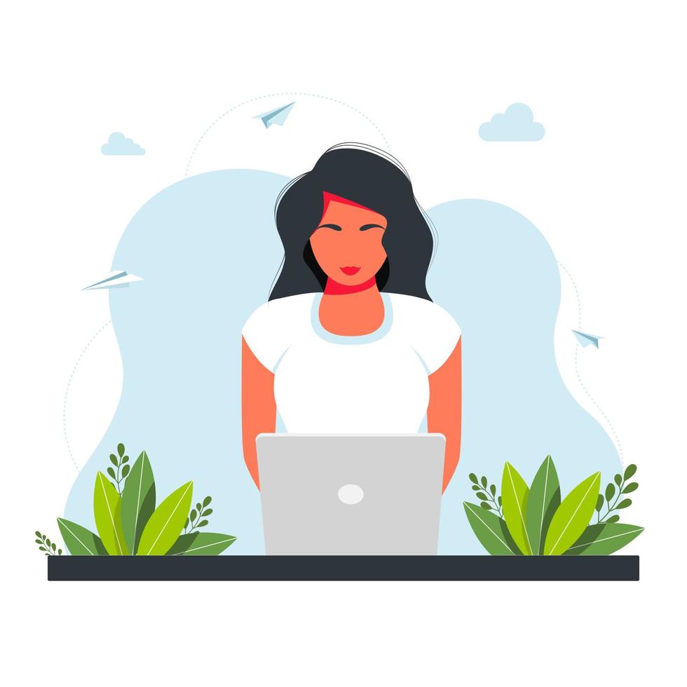 freelance, estudar online, trabalhar a partir do conceito de casa. menina sentada com o laptop. a garota se senta à mesa e trabalha em um laptop com uma planta doméstica ao fundo. conceito freelance vetor