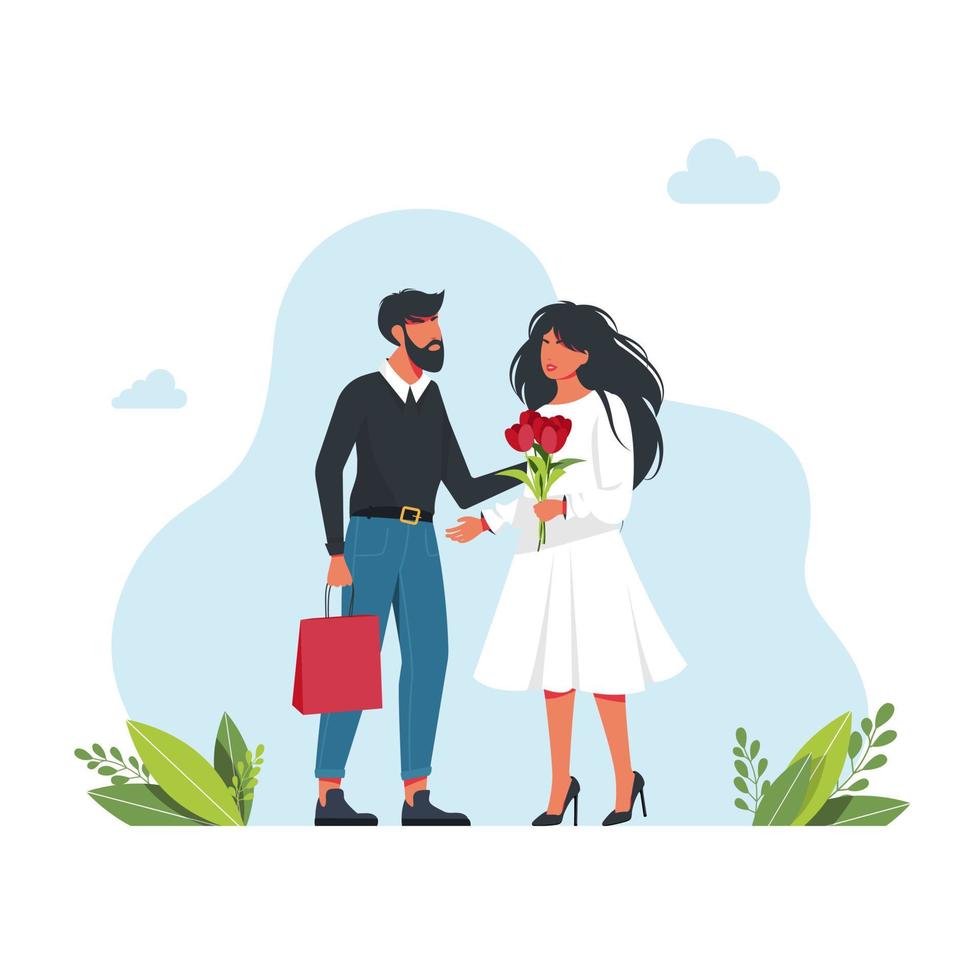 homem dá flores e um presente à mulher. um homem bonito dá um presente a uma mulher com um buquê de flores. primeiro encontro. ilustração em vetor plana dos desenhos animados. parabéns por um hol. ilustração vetorial