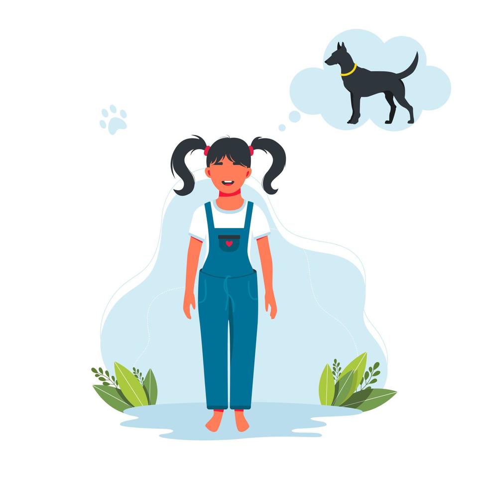 menina sonha com um cachorro. a criança deseja receber um animal de estimação de presente. personagem de menina criança sorridente feliz. ilustração em vetor expressão criança criança. ilustração vetorial