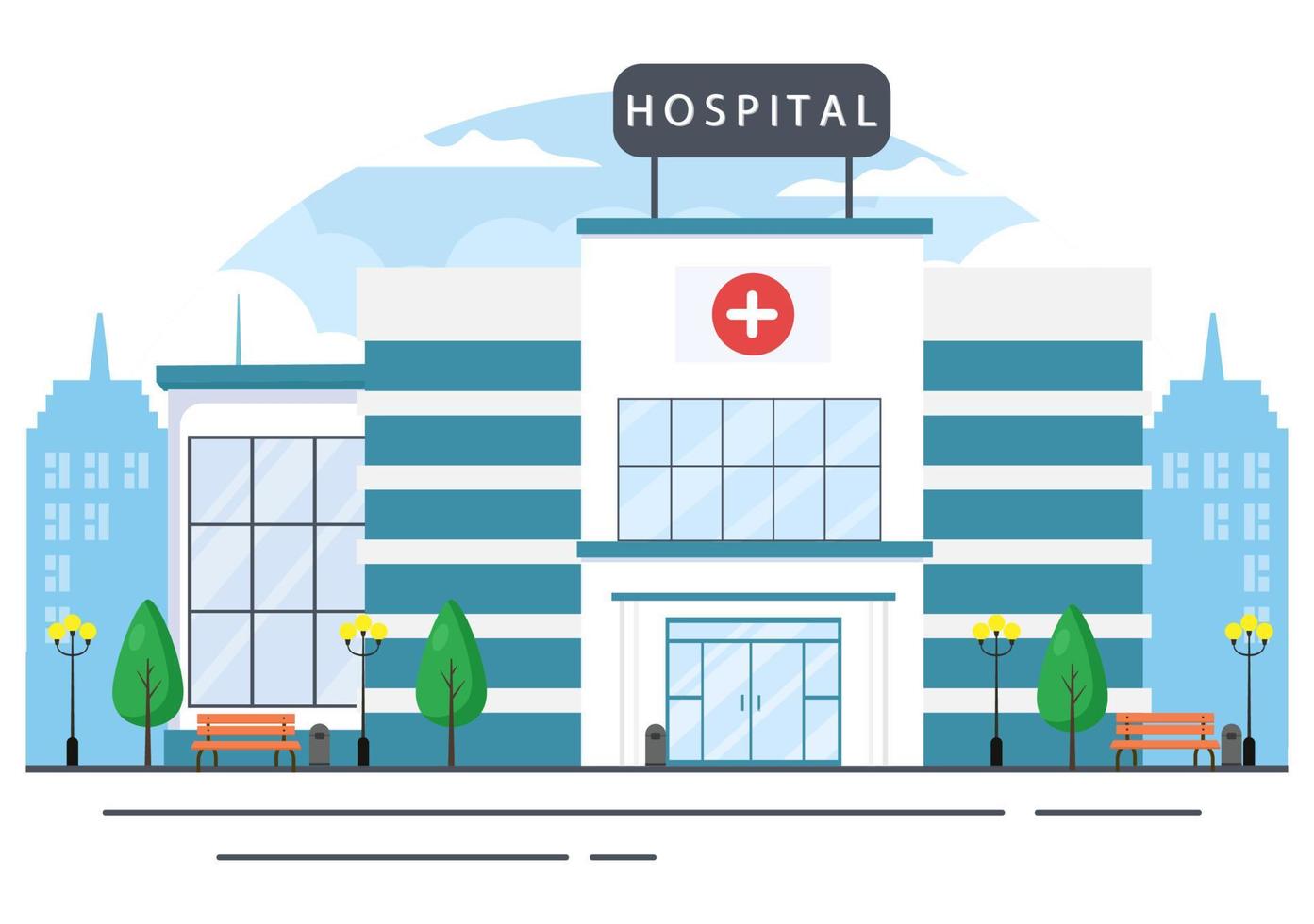 edifício de hospital para ilustração vetorial de fundo de saúde com ambulância, médico, paciente, enfermeiras e exterior de clínica médica vetor