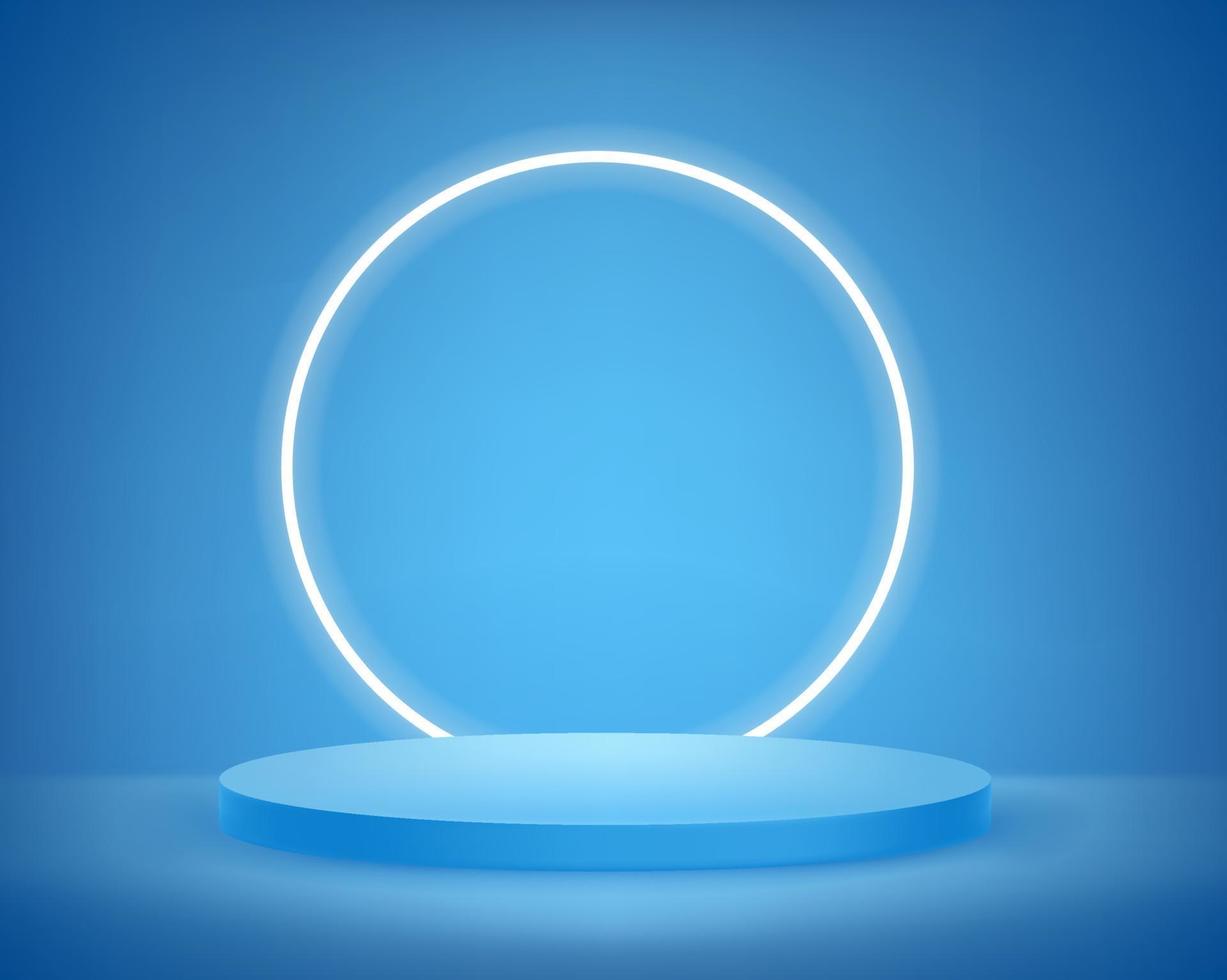 interior azul com luz de néon do círculo e vitrine. ilustração em vetor estilo 3d realista