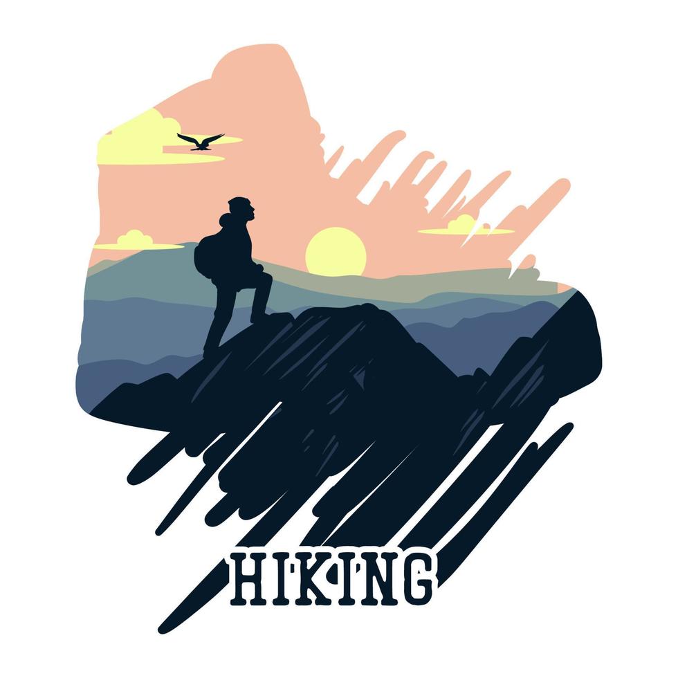 ilustração vetorial caminhada com alpinista na paisagem de montanha ilustração plana vetor