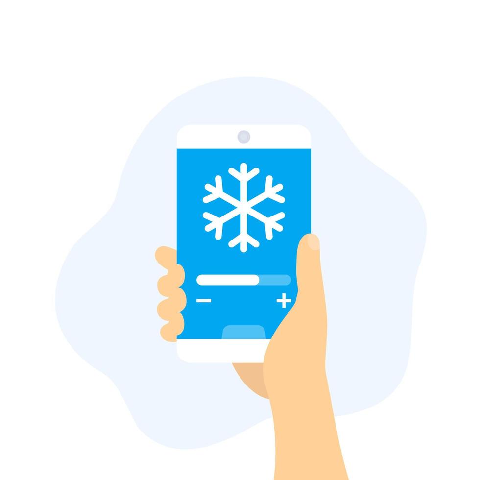 aplicativo de controle de resfriamento, smartphone na mão, vetor