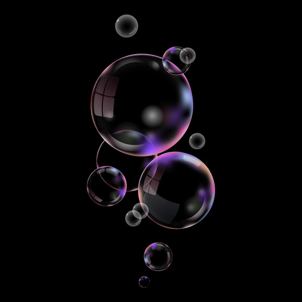 realista 3d Sabonete bolhas em uma Preto fundo. ilustração. transparente água realista vidro bolhas vetor