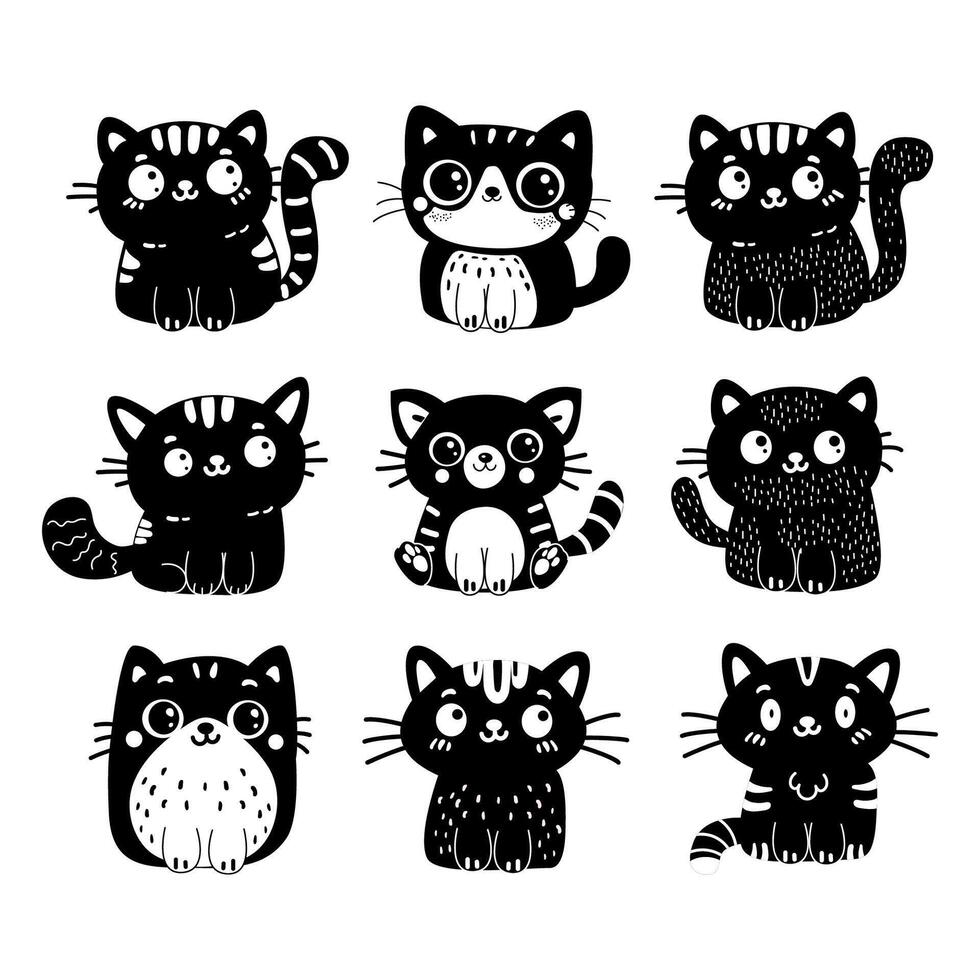 rabisco Preto e branco silhueta do fofa desenho animado personagem gatos vetor