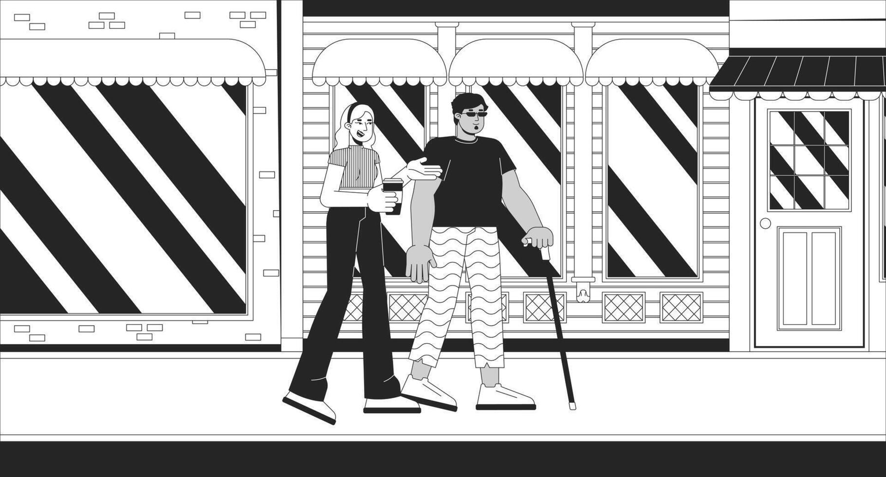 diverso amigos em andar dentro cidade Preto e branco linha ilustração. árabe homem com cegueira e europeu fêmea em rua 2d personagens monocromático fundo. inclusão esboço cena imagem vetor