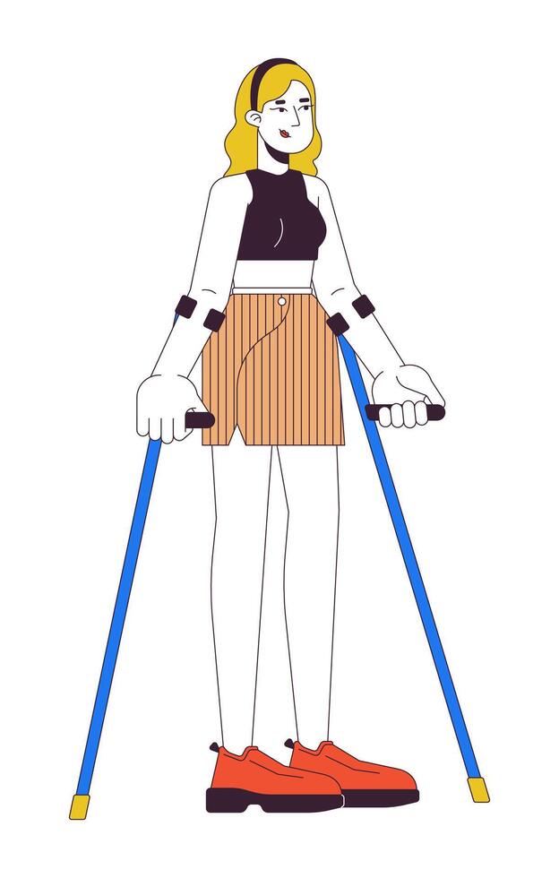 confiante mulher com muletas 2d linear desenho animado personagem. europeu fêmea usando ajuda dentro caminhando isolado linha pessoa branco fundo. prejuízo recuperando cor plano local ilustração vetor