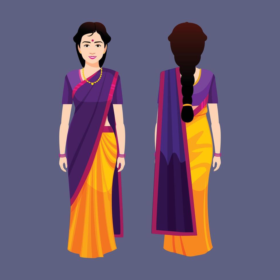 indiano mulher com saree personagem poses uma mulher dentro uma sari com uma trançado cabelo. vetor
