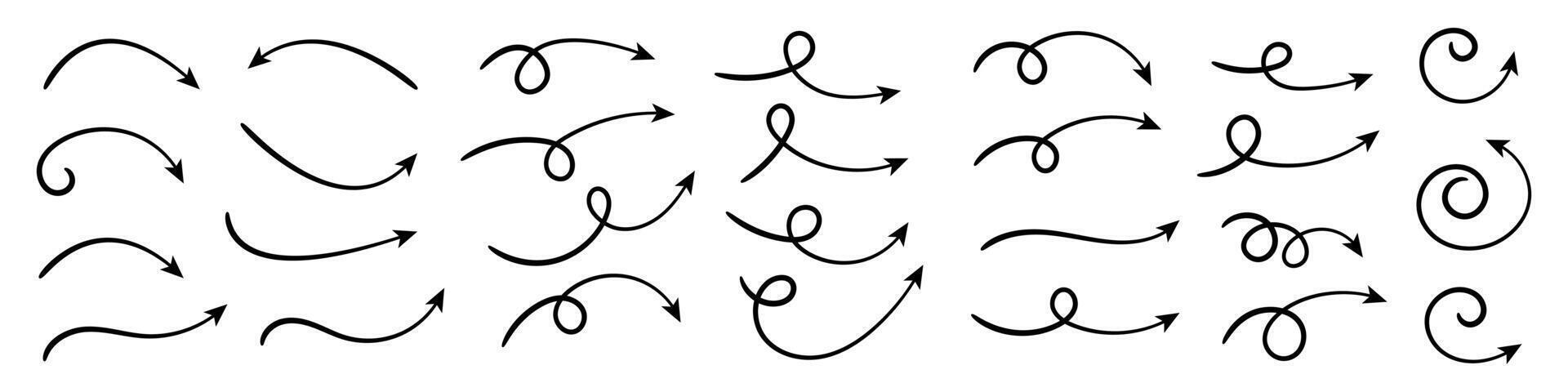 coleção do curvado Setas; flechas. conjunto simples curvado mão desenhado Setas; flechas. coleção do ponteiros. vetor
