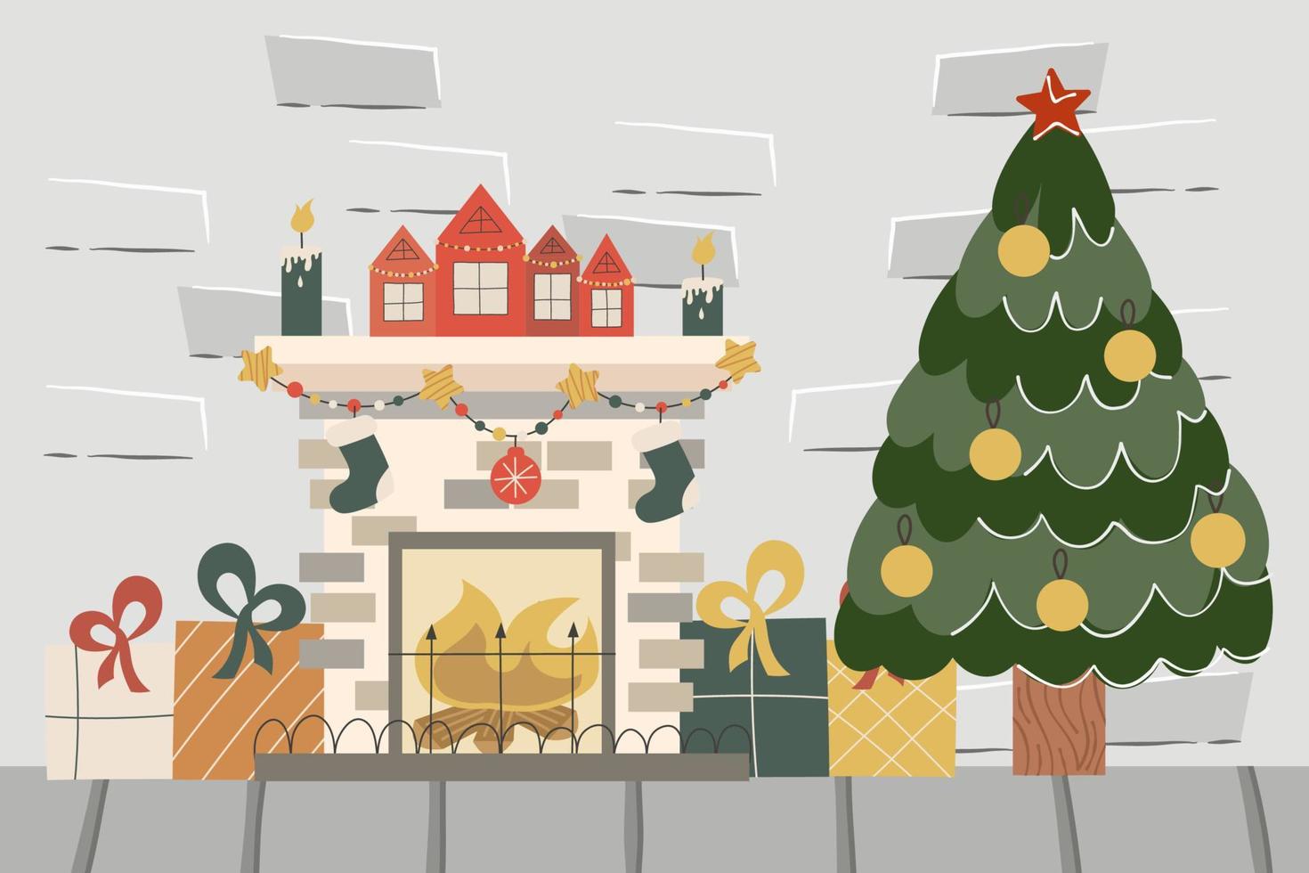 loft de tijolos de natal com lareira e árvore. abeto de bolas decoradas, lareira com velas e presentes. ilustração vetorial de um interior festivo vetor
