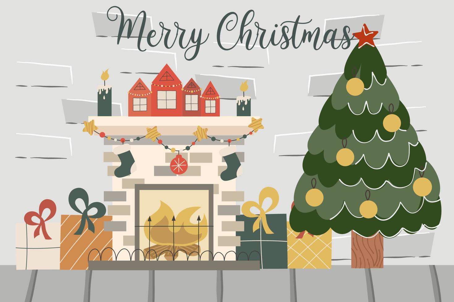 loft de tijolos de natal com lareira, árvore do abeto, texto feliz natal.decorado com bolas de abeto e velas de lareira e presentes. ilustração em vetor de um interior festivo.