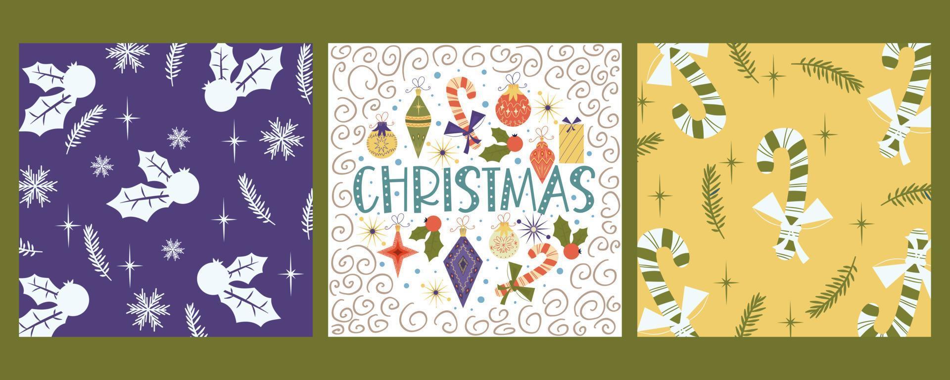 conjunto de capas vintage de Natal para congratulations.template com pirulito, azevinho, brinquedos e presentes. ilustração vetorial. vetor