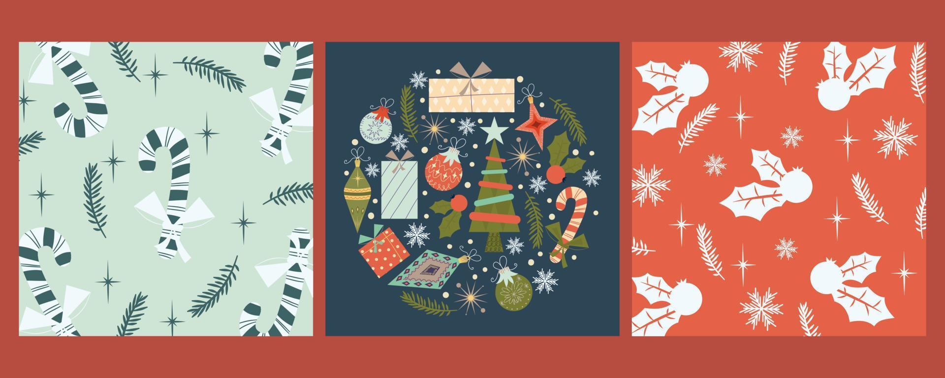 conjunto de capas vintage de Natal para congratulations.template com pirulito, azevinho, brinquedos e presentes. ilustração vetorial. vetor