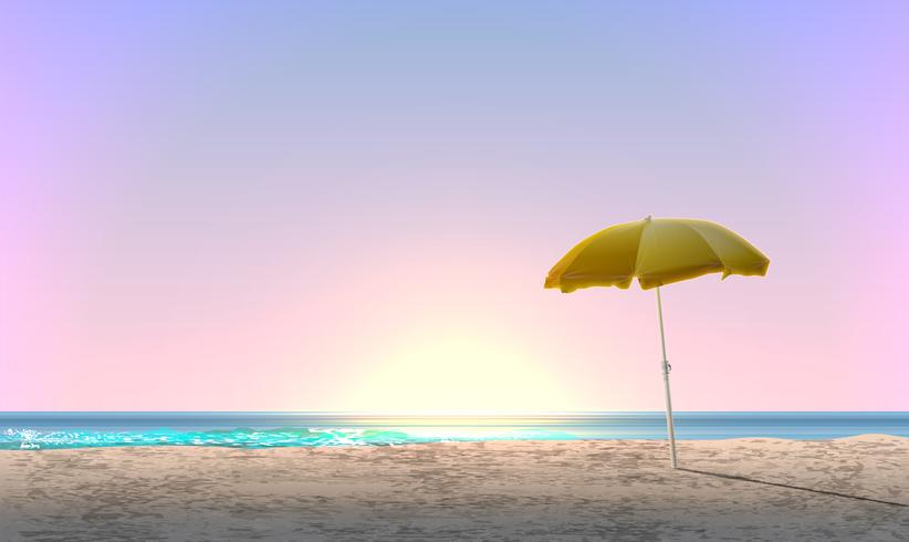 Paisagem realista de uma praia com pôr do sol / nascer do sol e um guarda-sol amarelo, ilustração vetorial vetor