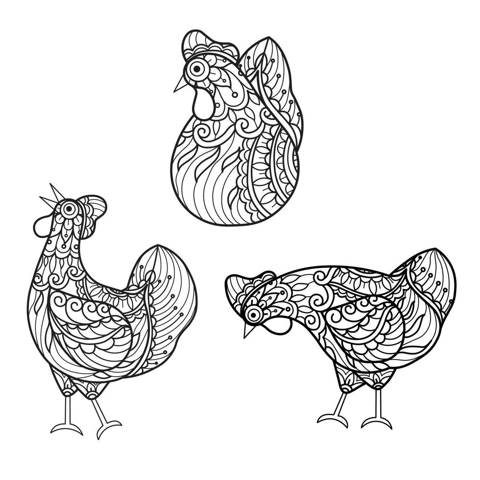 padrão de frango desenhado à mão para livro de colorir adulto vetor