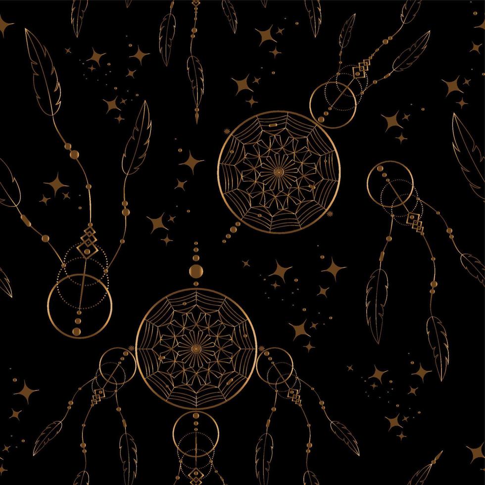 ouro dreamcatcher doodle padrão sem emenda, ornamento de mandala e estrelas mágicas. símbolo místico, arte étnica com design de estilo boho índio americano nativo, vetor isolado em fundo preto